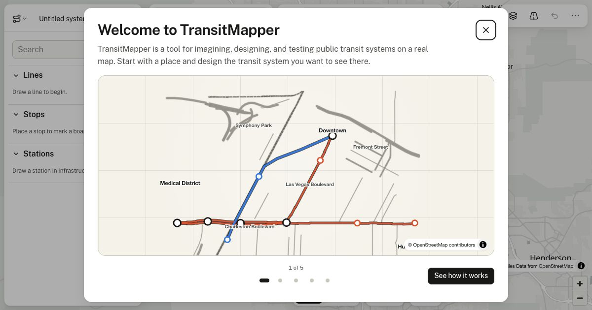 TransitMapper showing a sample Las Vegas transit network on a street map